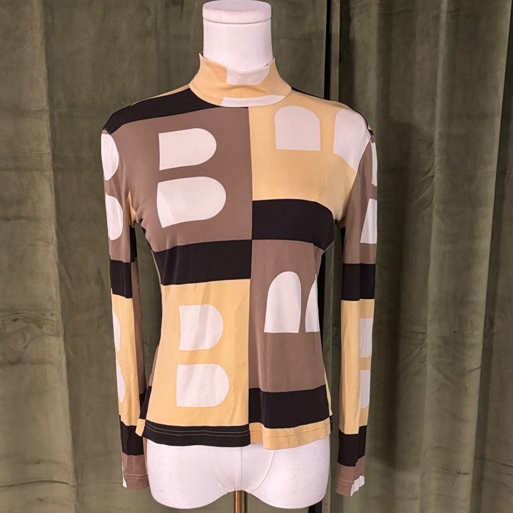 Bally Geometric Top  mock neck in Brown and Cream, S